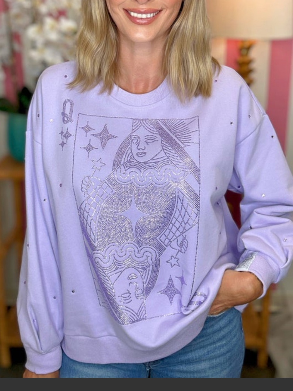 QUEEN OF SPARKLES Lavender Rhinestone Queen Card Crewneck Sweatshirt